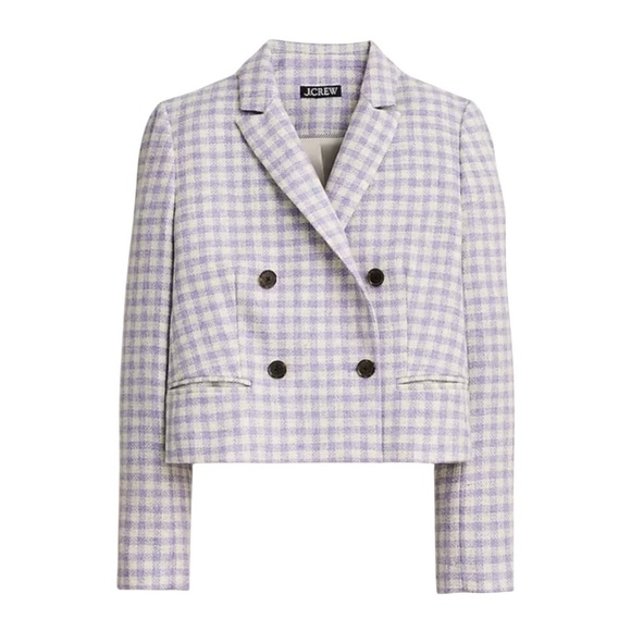 J. Crew - Purple Checkered Blazer Cropped Double Breast Blazer English Wool Sz 2 - Picture 2 of 10